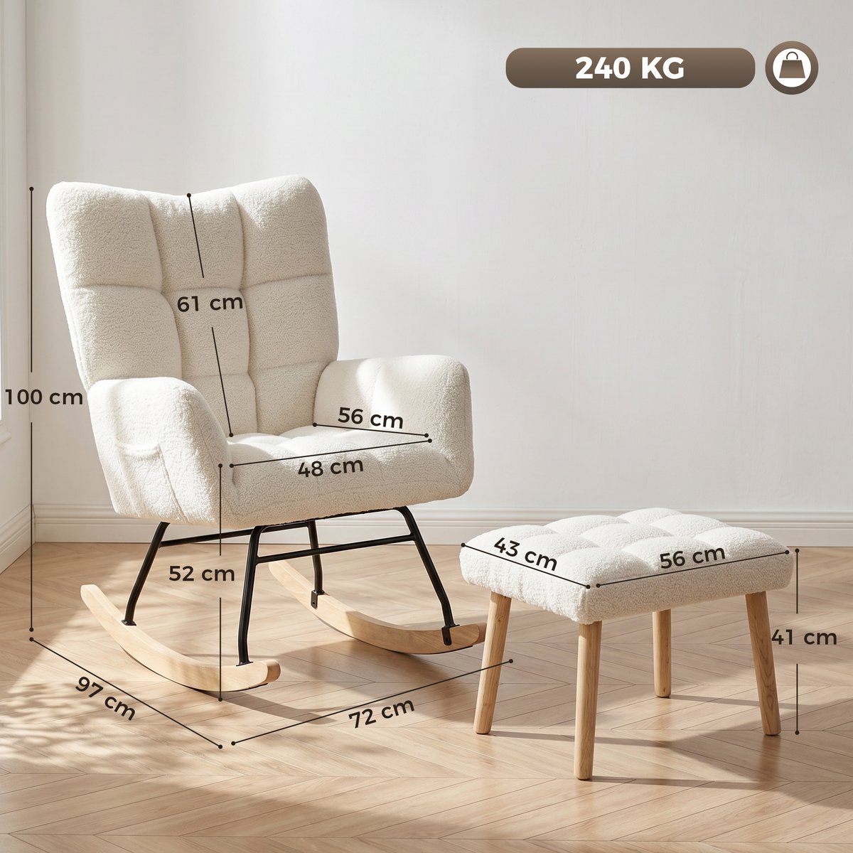 Fauteuil à bascule Tissu bouclette Crème crème, HOMCOM