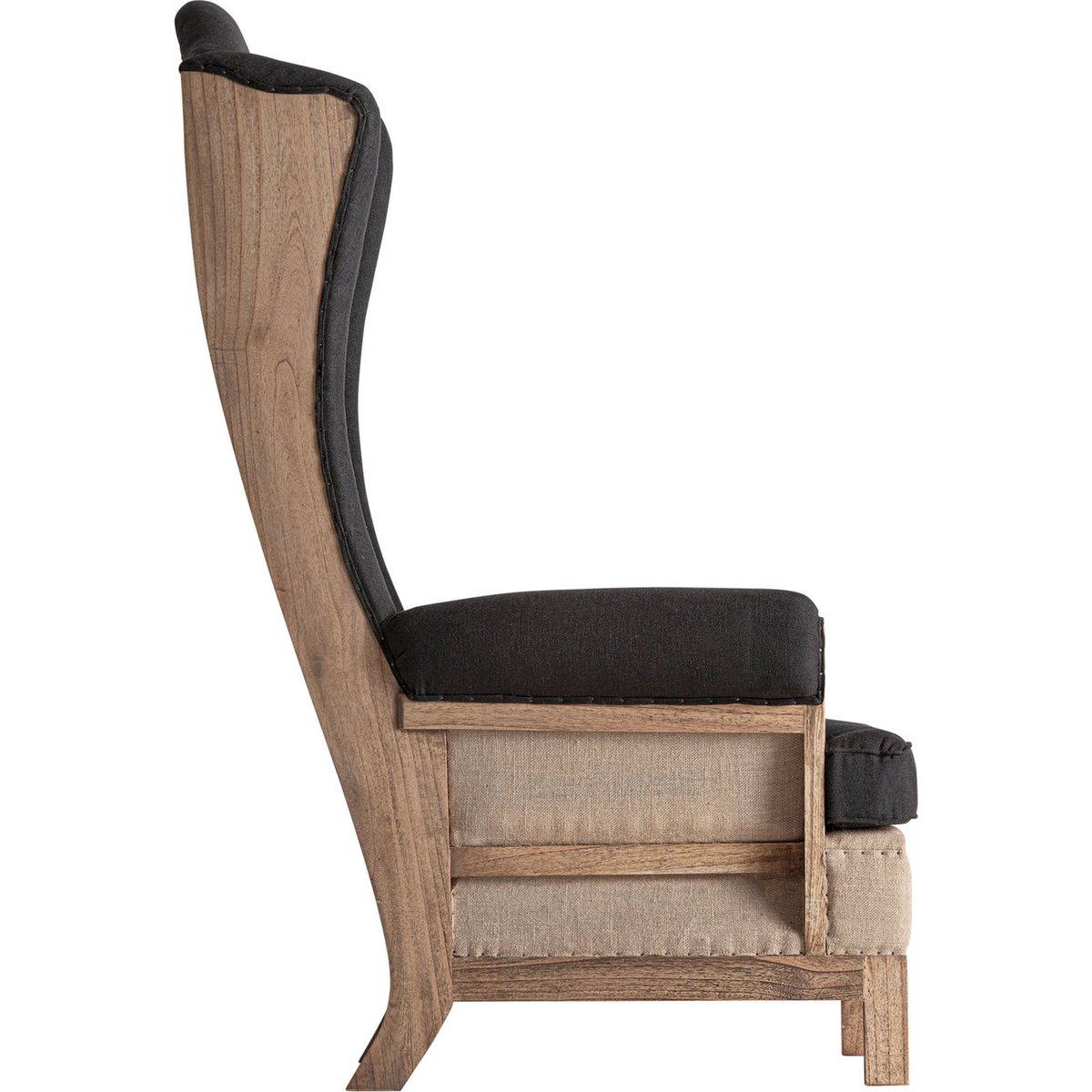 Fauteuil bergère haut dossier bois et lin noir et bois brun, RECOLLECTION