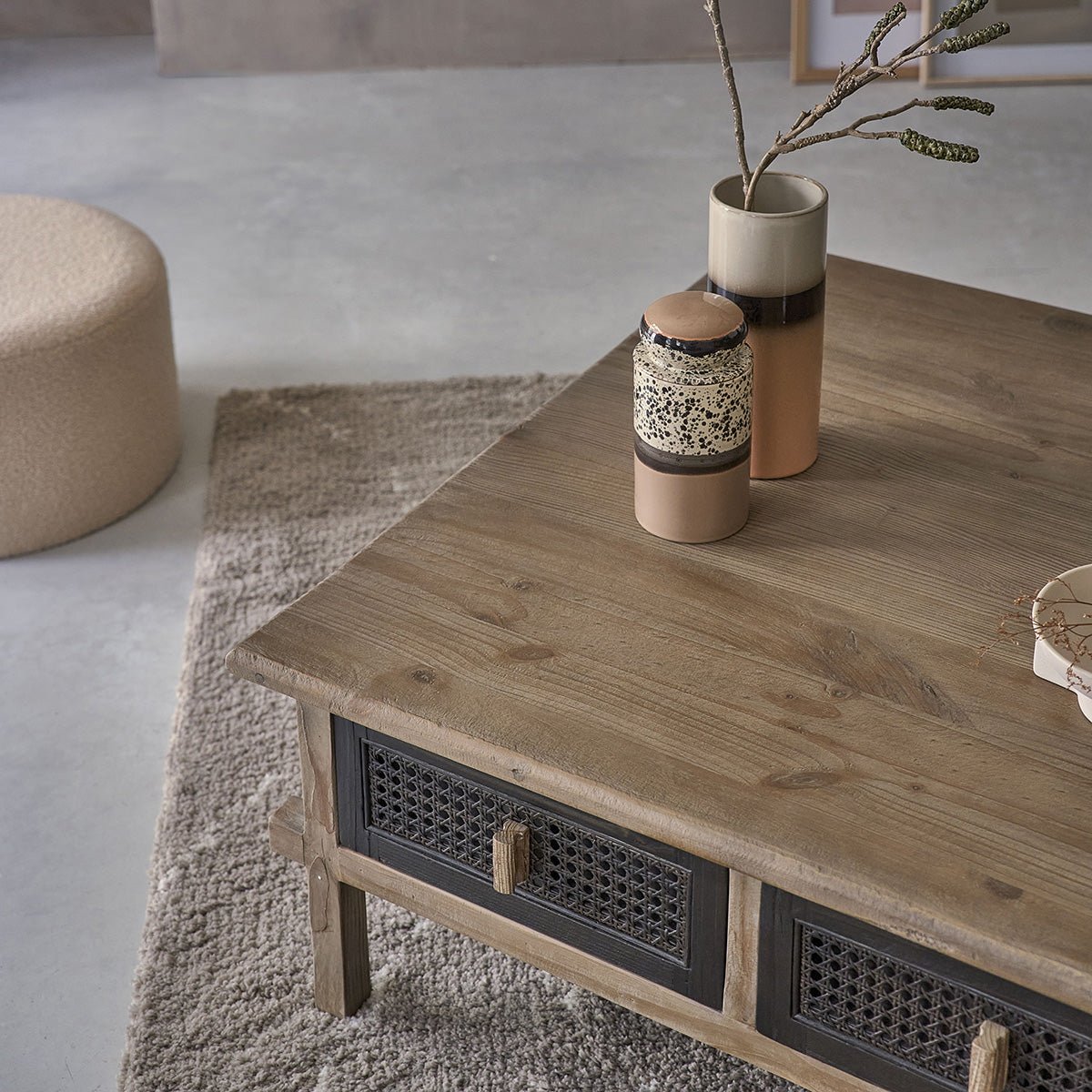 Table basse en bois recyclé massif 100 cm 2 tiroirs  JUNKO gris, BERAH GETAH