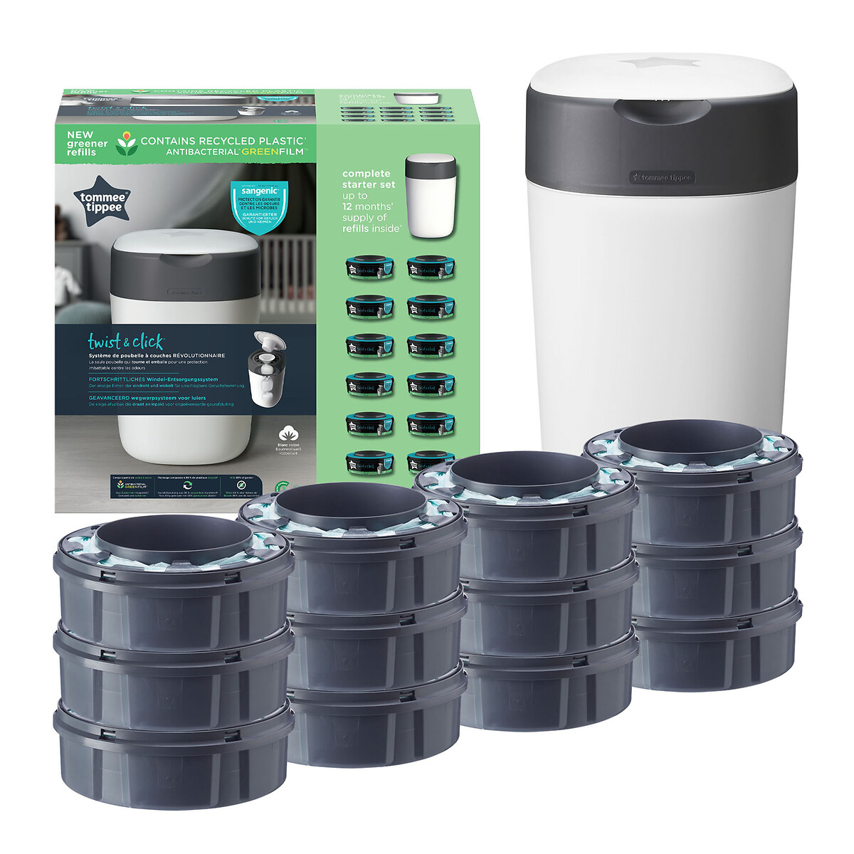Kit Poubelle à couches Twist et Click 12 recharges blanc, TOMMEE TIPPEE