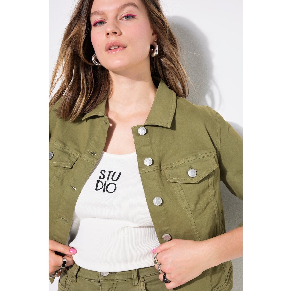 Veste en jean 4 poches, tissu sergé vert mousse, STUDIO UNTOLD