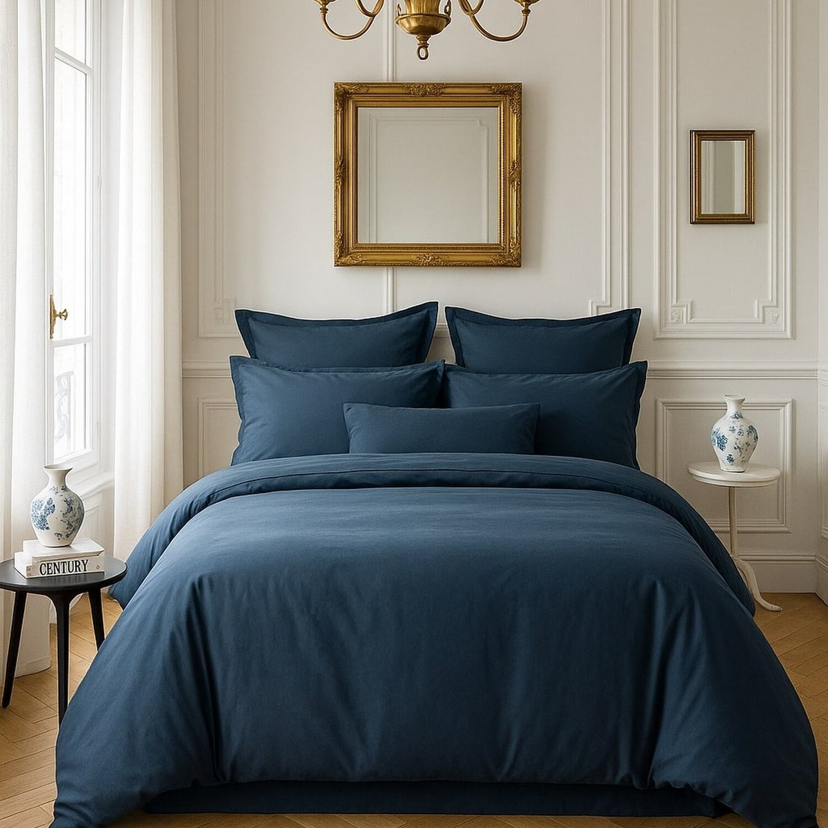 Housse de couette en satin de coton lavé unie, DESIR bleu marine, BATON ROUGE