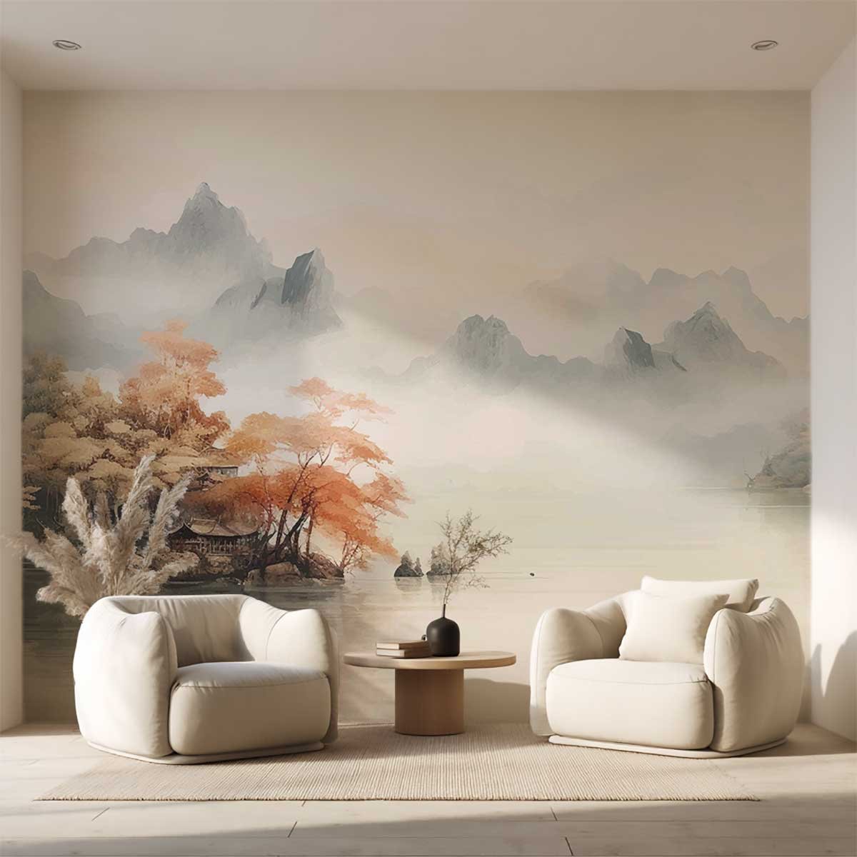 Papier peint panoramique paysage asiatique orange, HEXOA