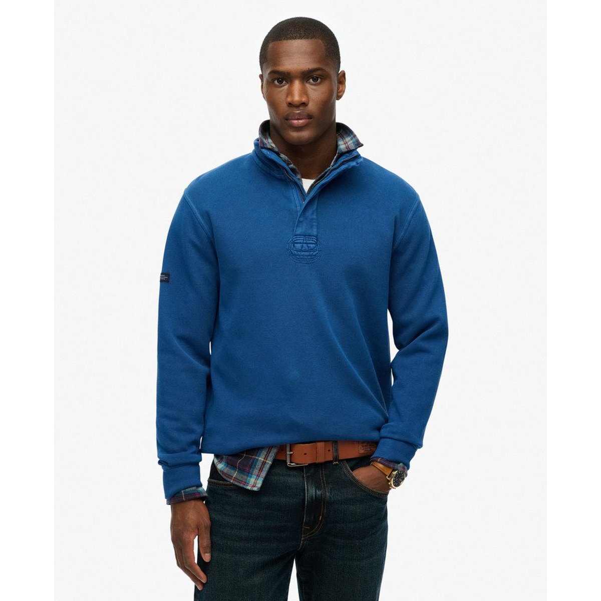Sweatshirt Demi-Zip Piqué Classique en Coton bleu délavé, SUPERDRY