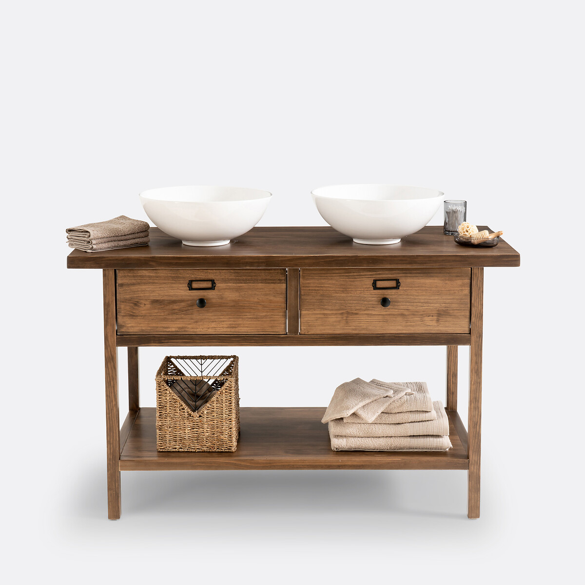 Lunja Solid Pine Double Vanity Unit dark wood, LA REDOUTE INTERIEURS