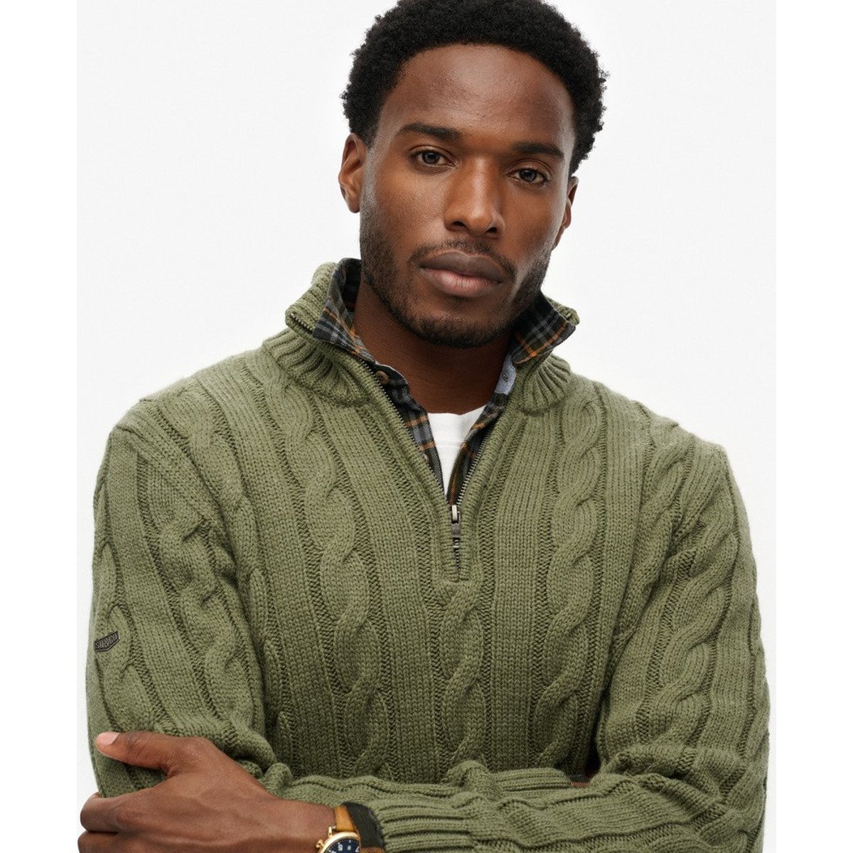 Pull torsadé à col zippé Jacob vert mousse, SUPERDRY