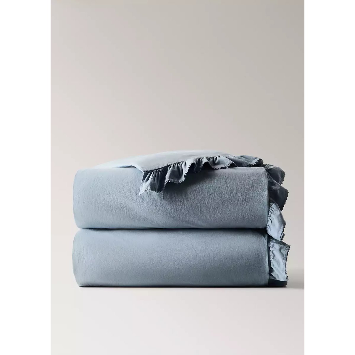 Housse de couette coton lavé volant en voile lit 135/140 cm bleu, MANGO HOME