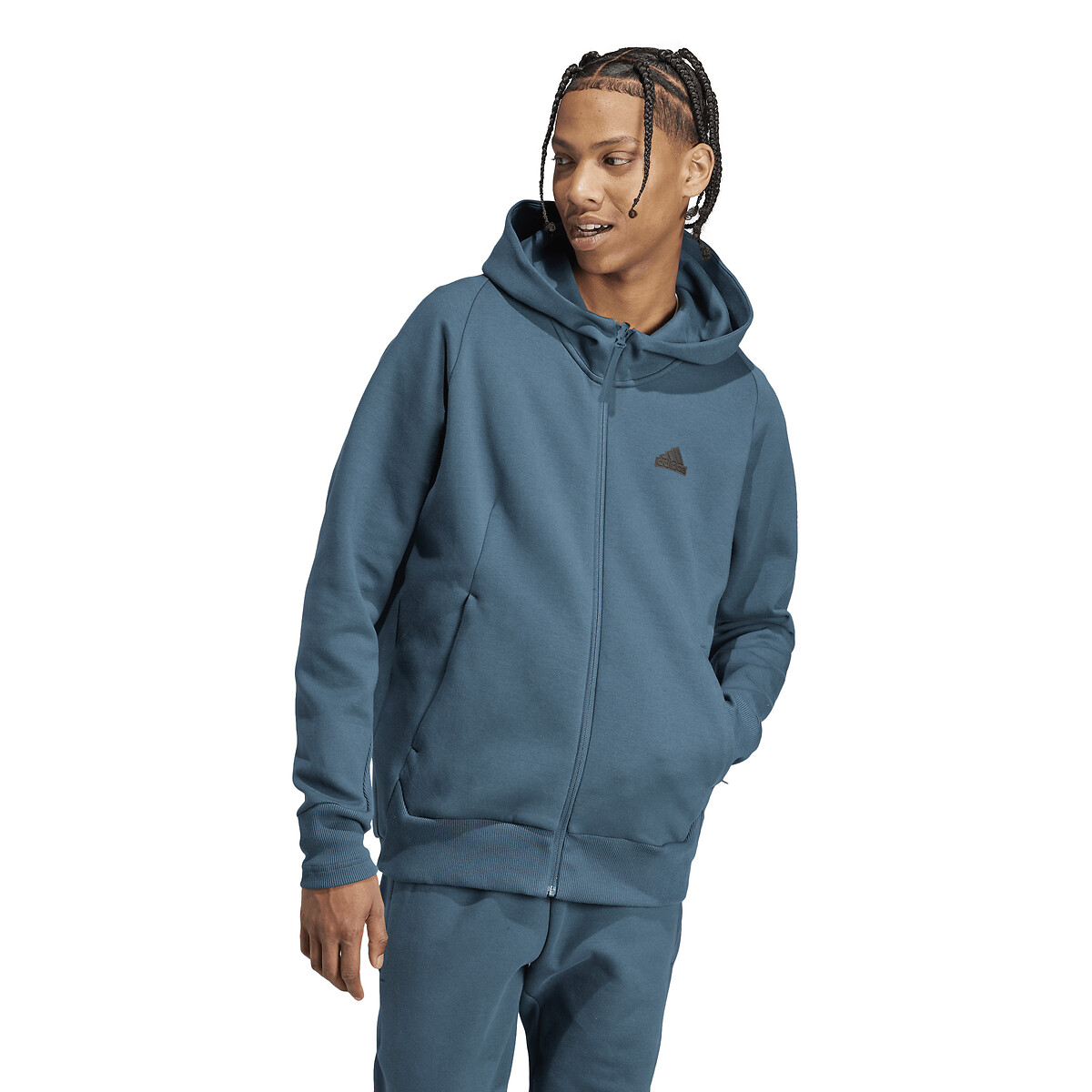 Sweat zippé à capuche et logo bleu canard, ADIDAS SPORTSWEAR