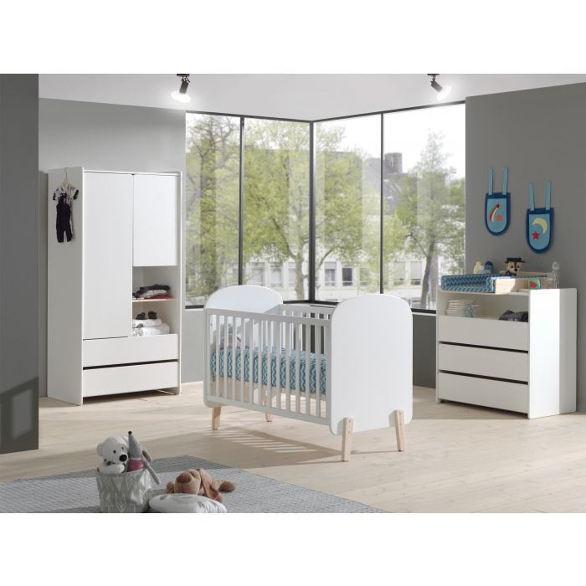 KIDDY Lit bébé + Commode 3 tiroirs + Plan à langer + Armoire bleu, VIPACK