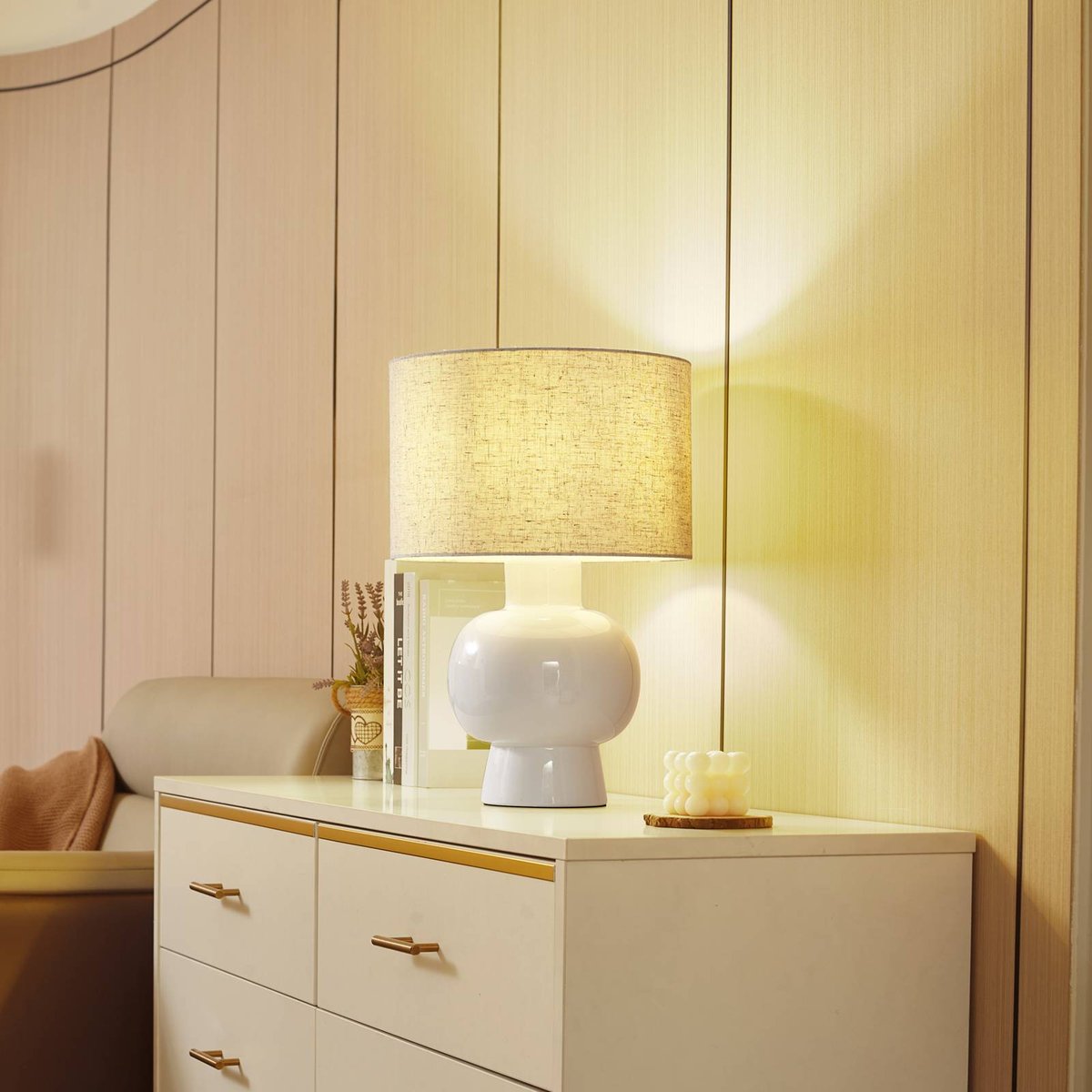Lampe à poser en textile scandinave, Arved blanc, LINDBY