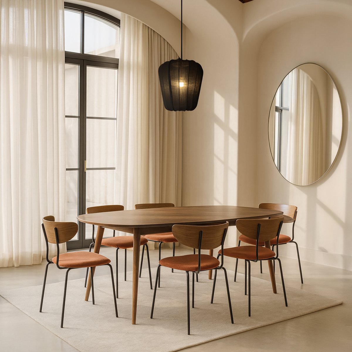 Ensemble table 200cm et 6 chaises en velours côtelé, RIVA terracotta, NOW'S HOME