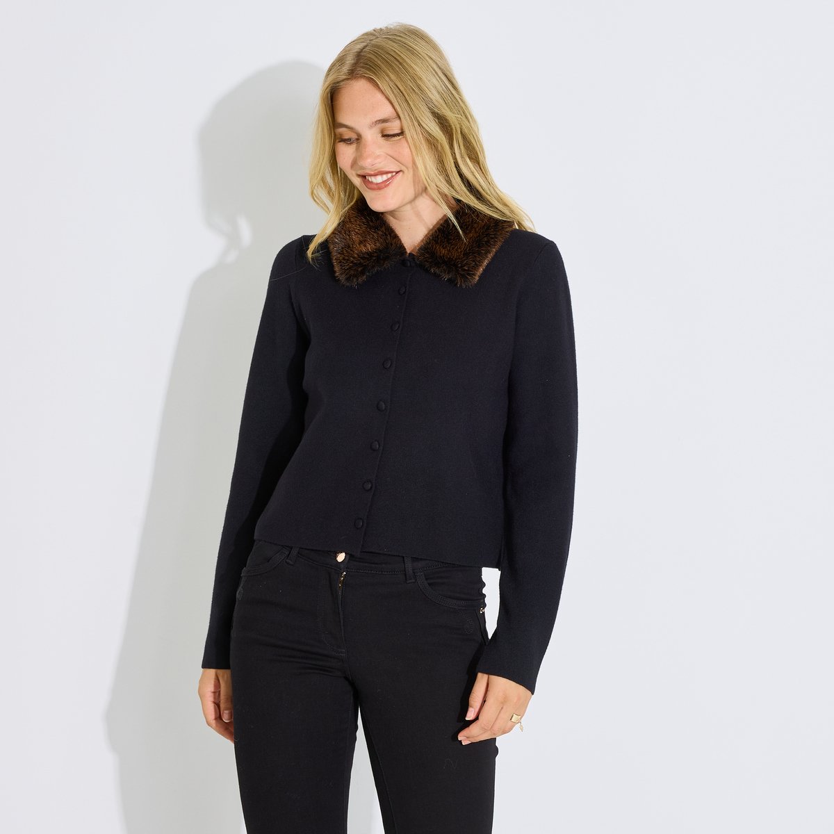 Gilet court avec col amovible noir, GRAIN DE MALICE
