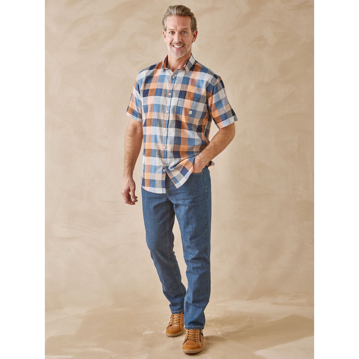 Chemise manches courtes en coton et lin orange bleu, DAXON