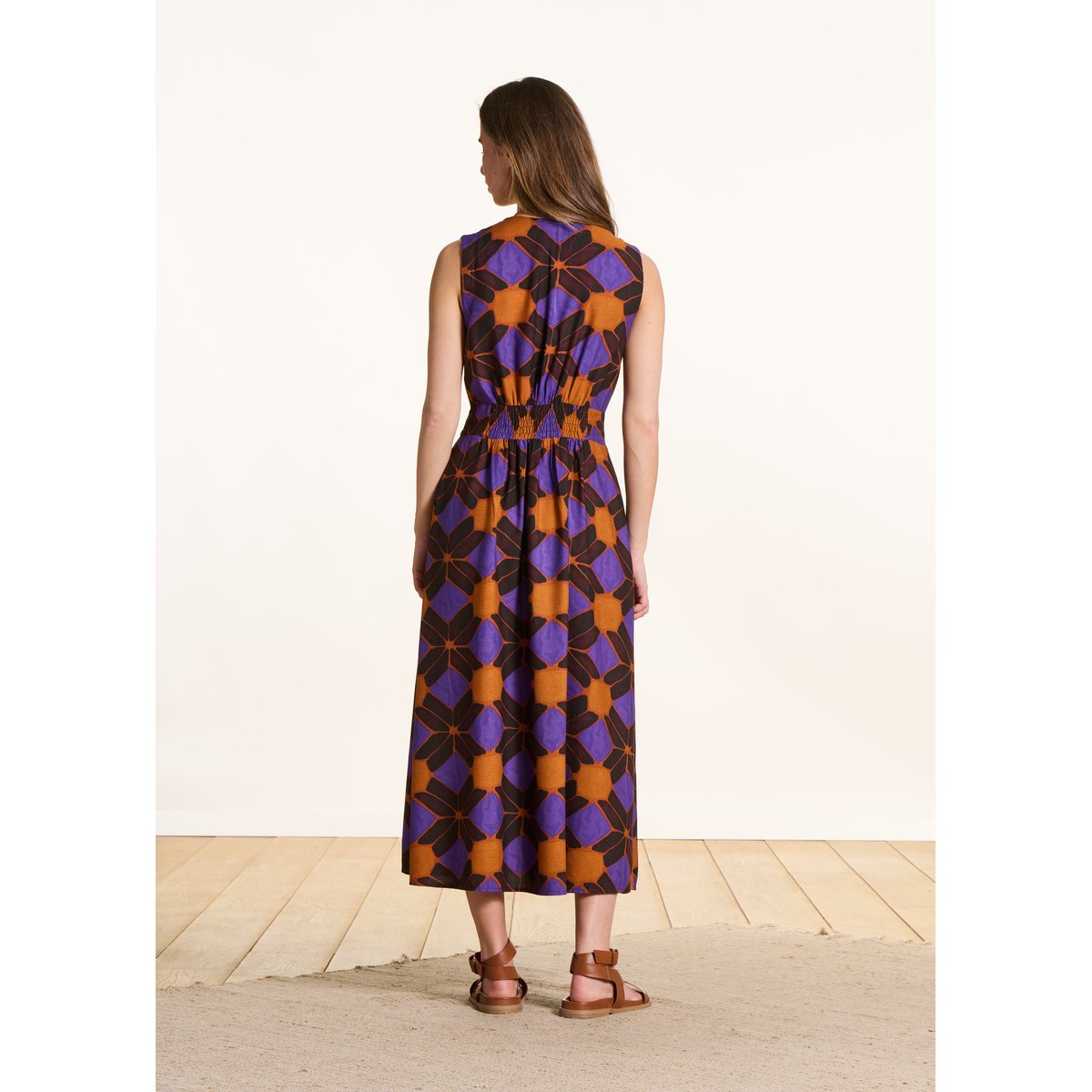 Robe longue cintrée sans manches à imprimé tandoori/violet, LA FEE MARABOUTEE