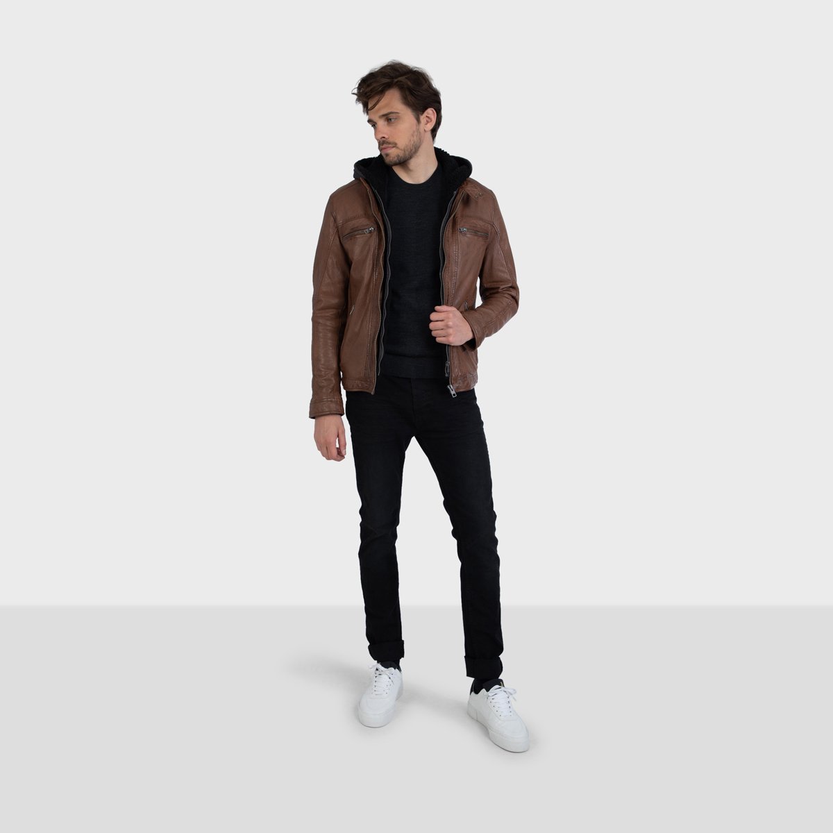 Blouson en cuir à capuche amovible DRINK brun, OAKWOOD