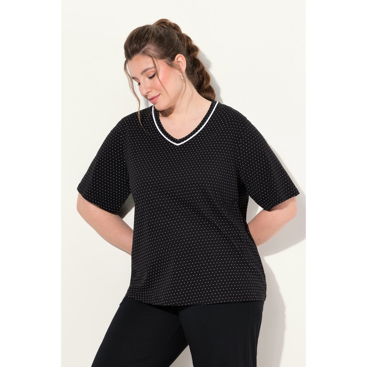Lot de 2 T-shirts de pyjama, pois/uni noir, ULLA POPKEN