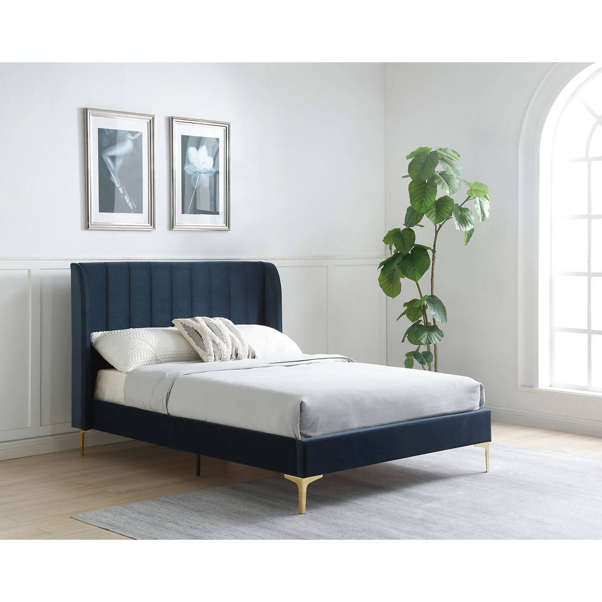 Lily Fluted Velvet Bed with Winged Headboard navy, SO'HOME