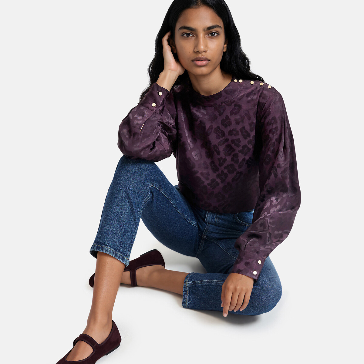 Blouse col montant, en satin jacquard motif léopard violet aubergine, LA REDOUTE COLLECTIONS