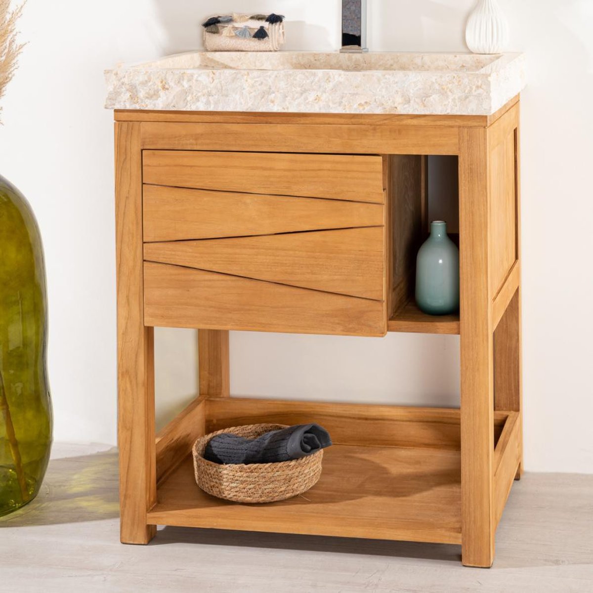 Meuble en teck massif rectangle + vasque 67cm COSY crème, WANDA COLLECTION