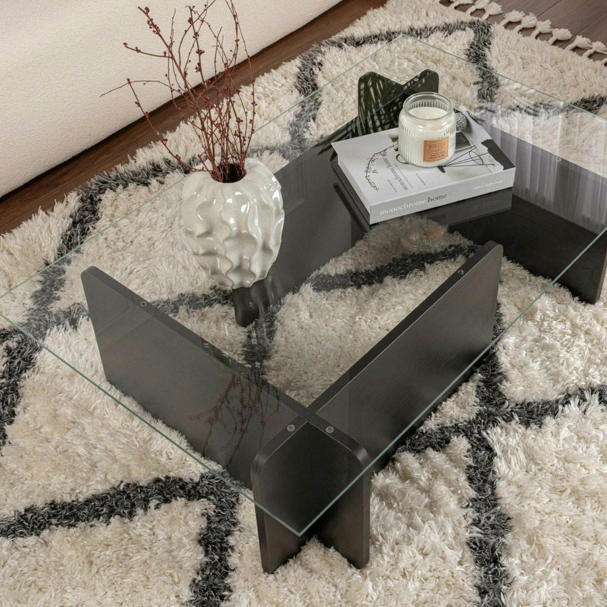 Table basse déstructurée, plateau verre SALTA noir, PIER IMPORT