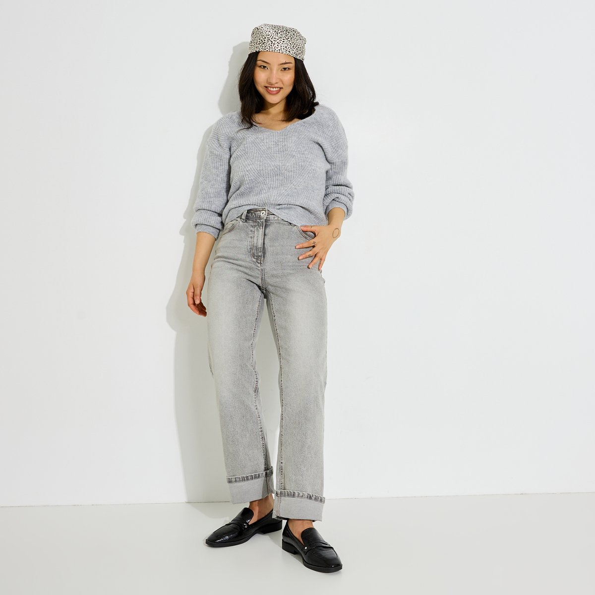 Pull col V motifs chevrons gris, GRAIN DE MALICE