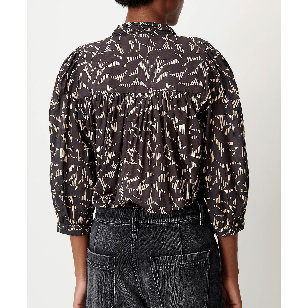 Blusa estampada com gola redonda e mangas 3/4, Lyla estampado preto/cru, SESSUN