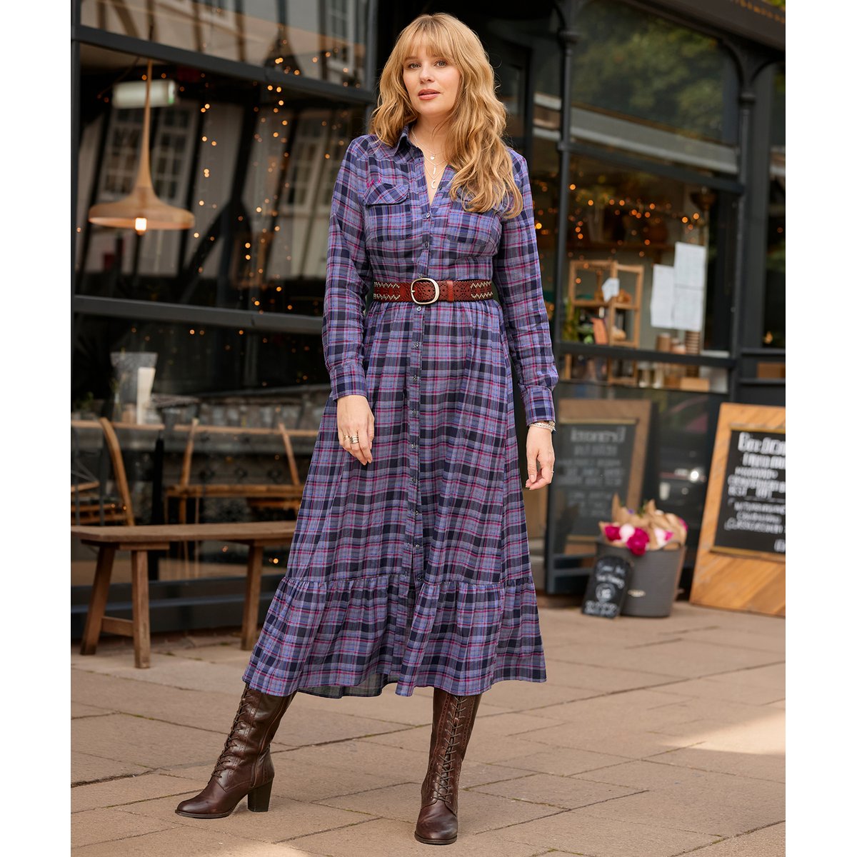 Robe Longue à Carreaux Boutonnée Western bleu, JOE BROWNS