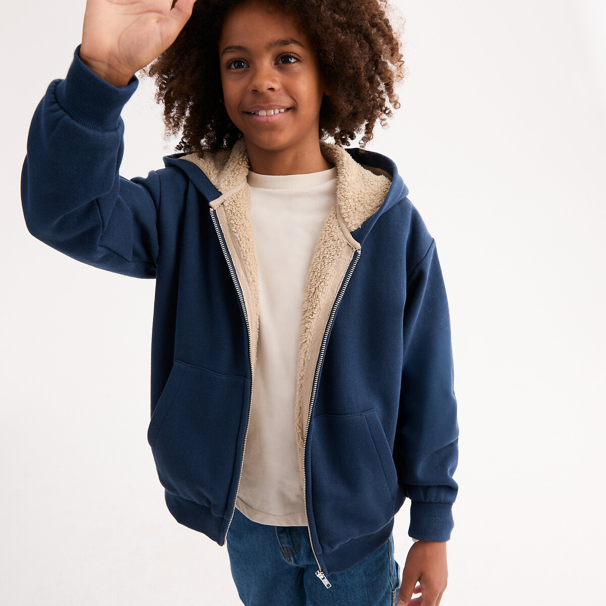 Sweat zippé à capuche, molleton doublé sherpa bleu marine, LA REDOUTE COLLECTIONS