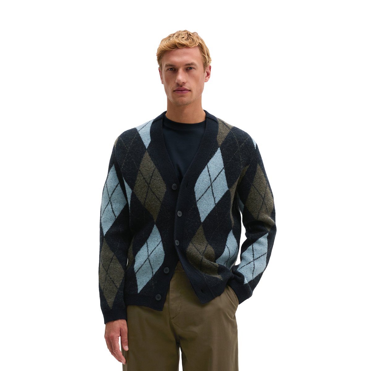 Cardigan à motif argyle en mélange de laine moelleux bleu, MARC O'POLO