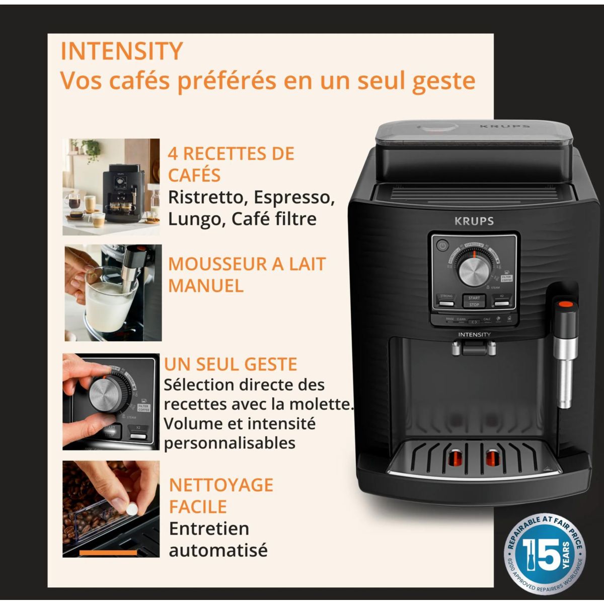 Expresso Broyeur Intensity, Machine espresso entièrementautomatique, 4 boissons EA5008E0 couleur unique, KRUPS