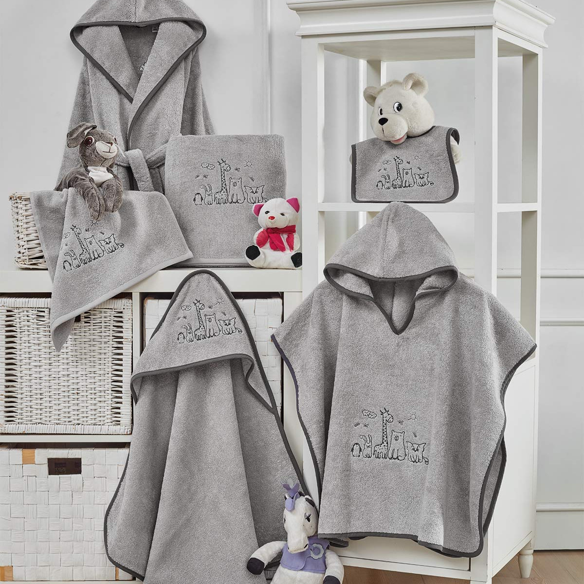 Drap de bain enfant BABY JUNGLE gris cendré, SENSEI MAISON
