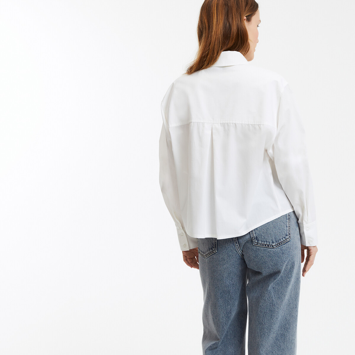 Cotton Short Boxy Shirt with Long Sleeves white, LA REDOUTE COLLECTIONS