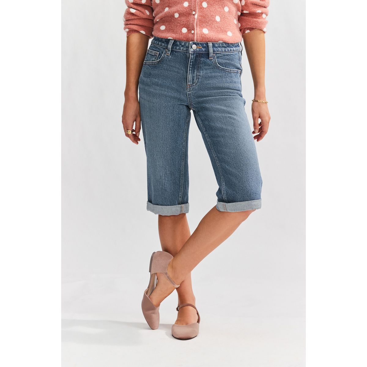 Bermuda longueur genou en denim bleu moyen, NEXT