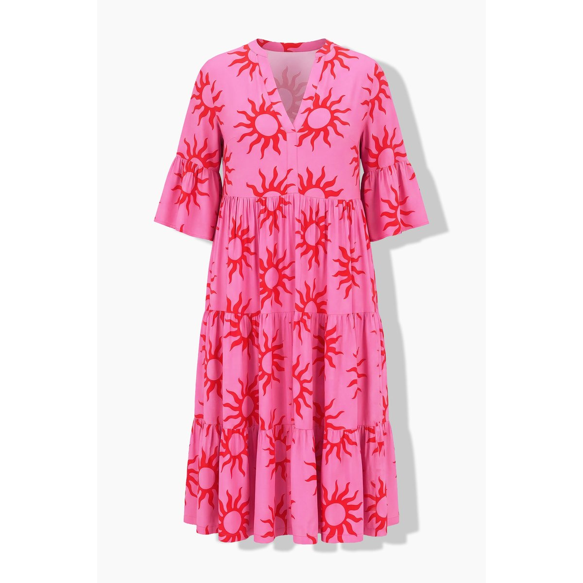 Robe longue, coupe trapèze, imprimé soleil rose vif, STUDIO UNTOLD