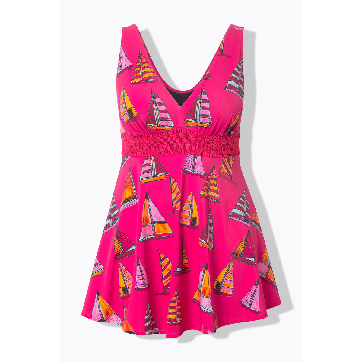Robe de bain motif voiliers. Bonnets rouge azalée, ULLA POPKEN