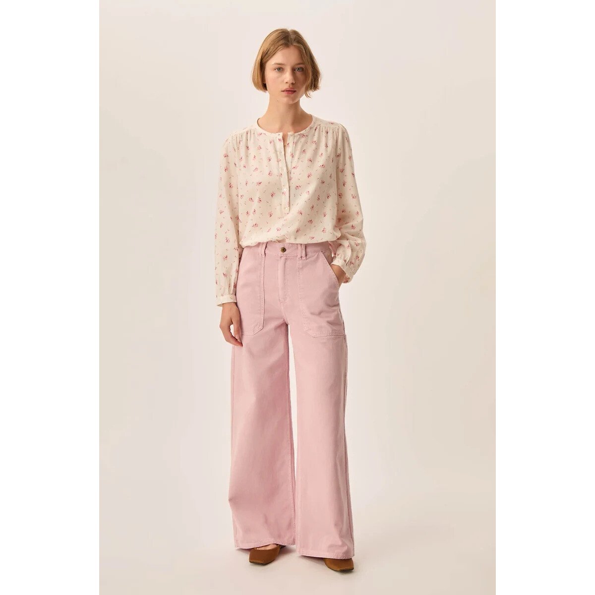 Pantalon large en coton, LUKA rose pale, DES PETITS HAUTS