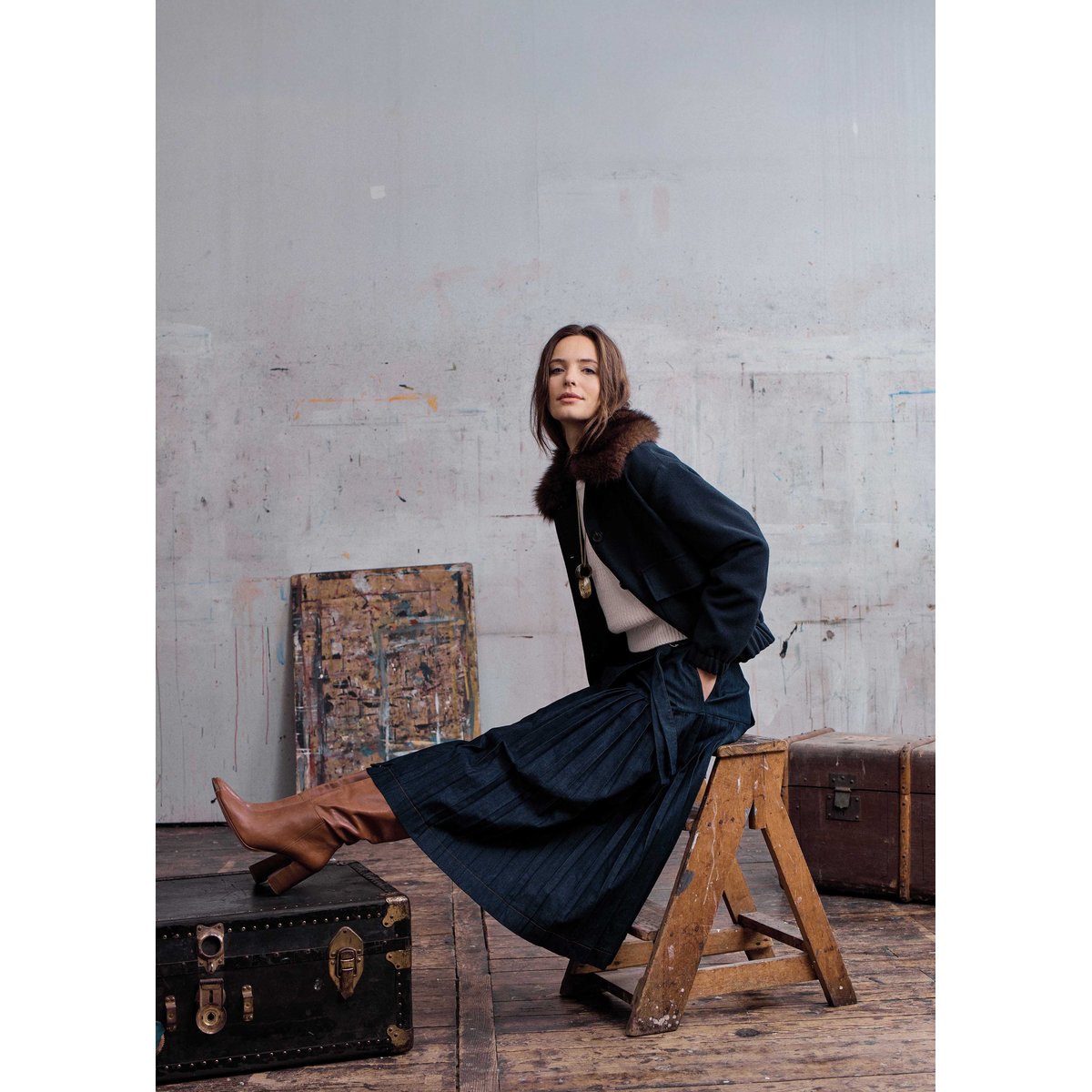 Blouson bomber en lainage col imitation fourrure marine, LA FEE MARABOUTEE