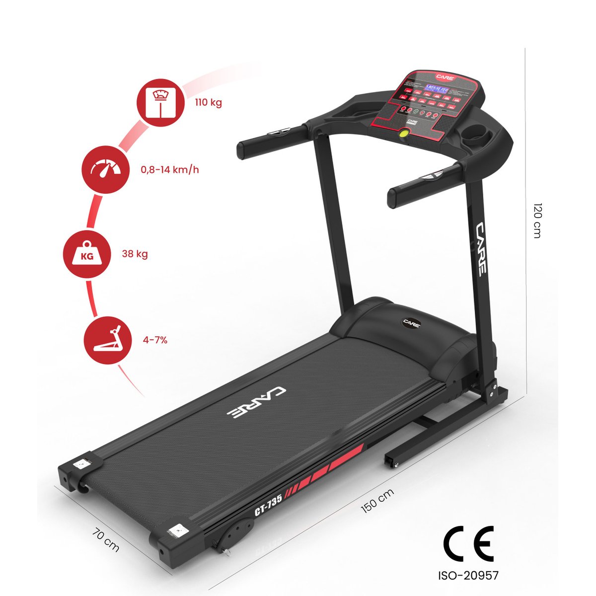 Tapis de course connecté - 14km/h - CARE - KINOMAP rouge, CARE FITNESS