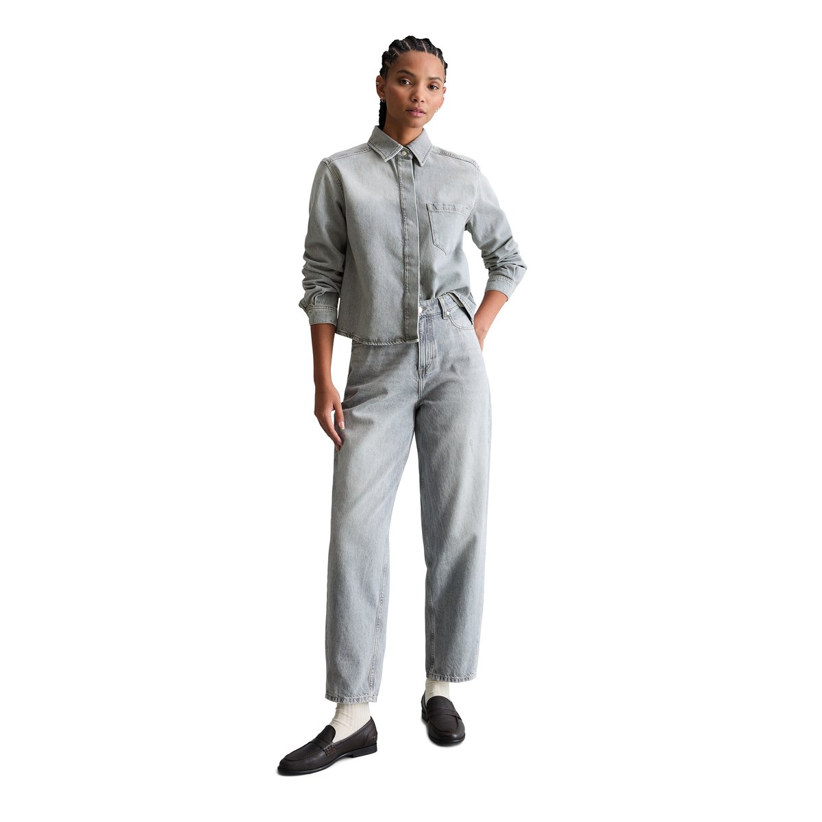 Chemise en jean relaxed en denim rigide gris clair, MARC O’POLO DENIM
