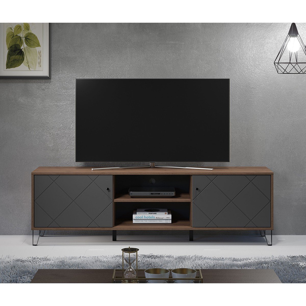 Meuble TV avec 2 portes et 2 niches L183 cm - Montez gris anthracite, CALICOSY