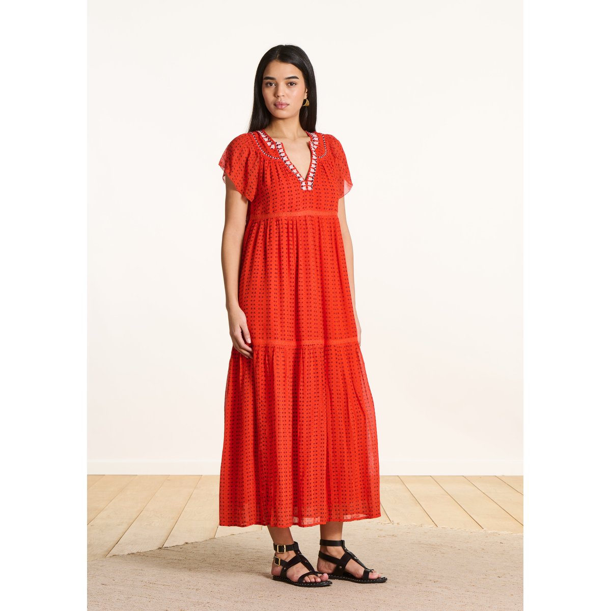 Robe longue imprimée à volants jaspe, LA FEE MARABOUTEE
