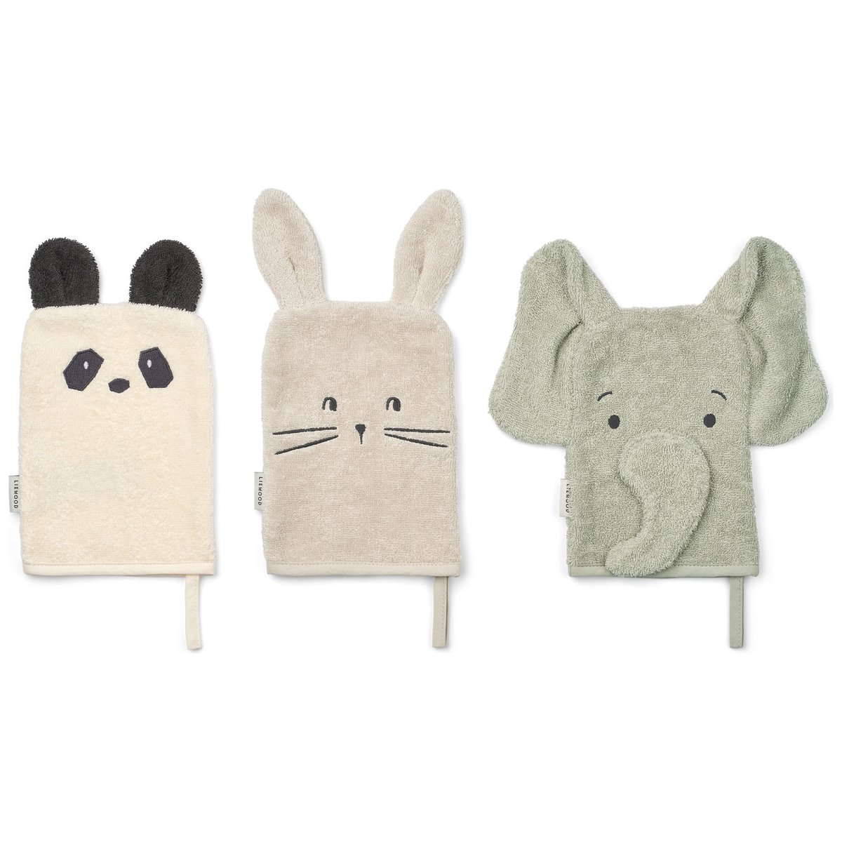 Lot de 3 gants de toilette Sylvester blanc, gris, vert d'eau, LIEWOOD