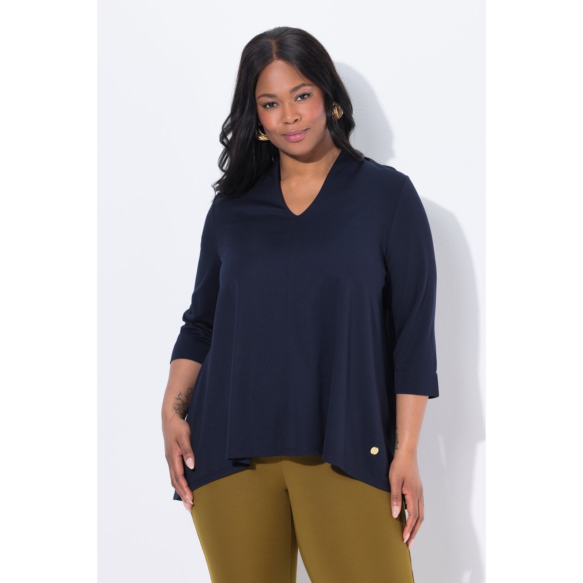 T-shirt col calice et manches 3/4 marine foncé, ULLA POPKEN