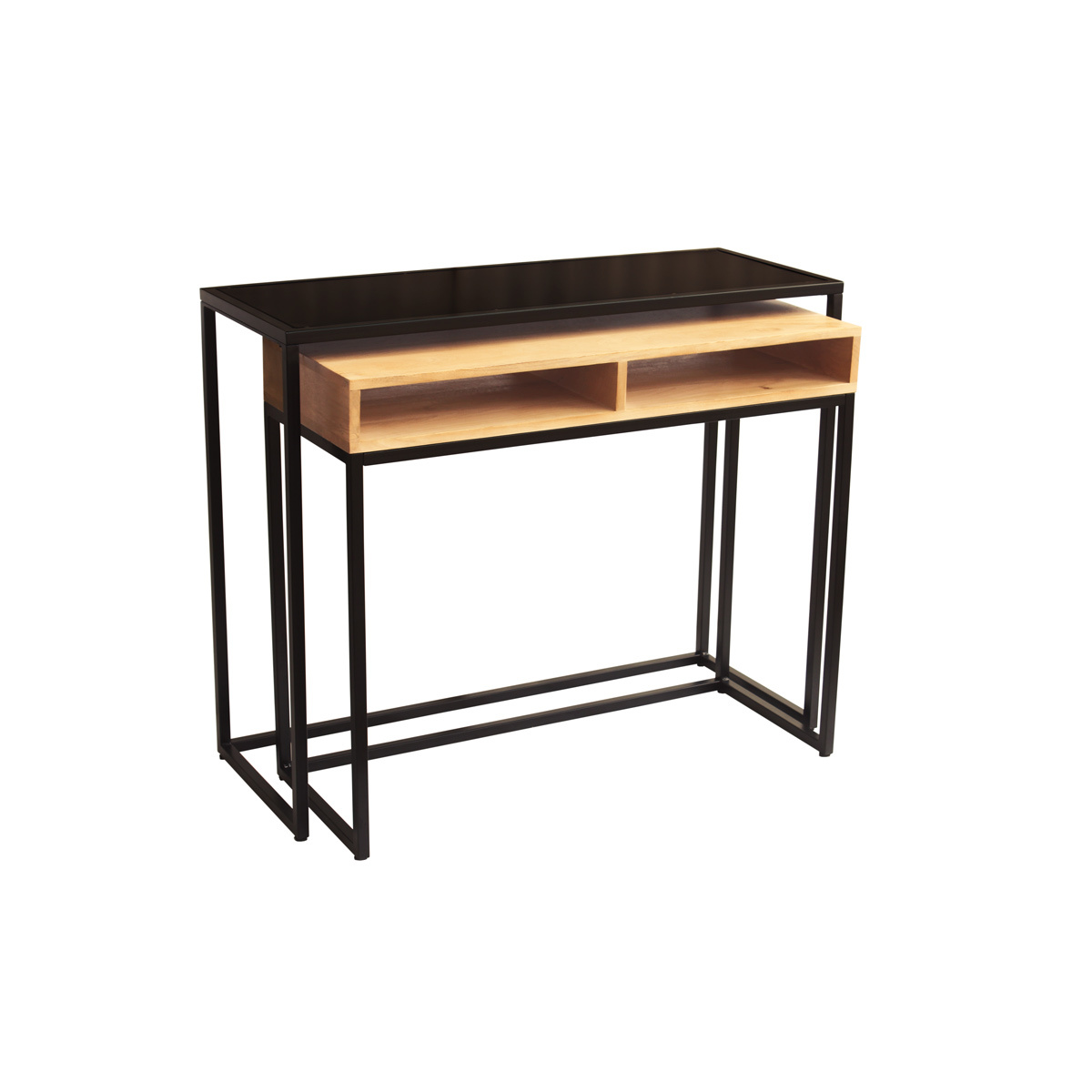 Console bureau d'appoint avec rangements casiers en bois manguier massif et métal noir L100 cm YPKA noir, MILIBOO