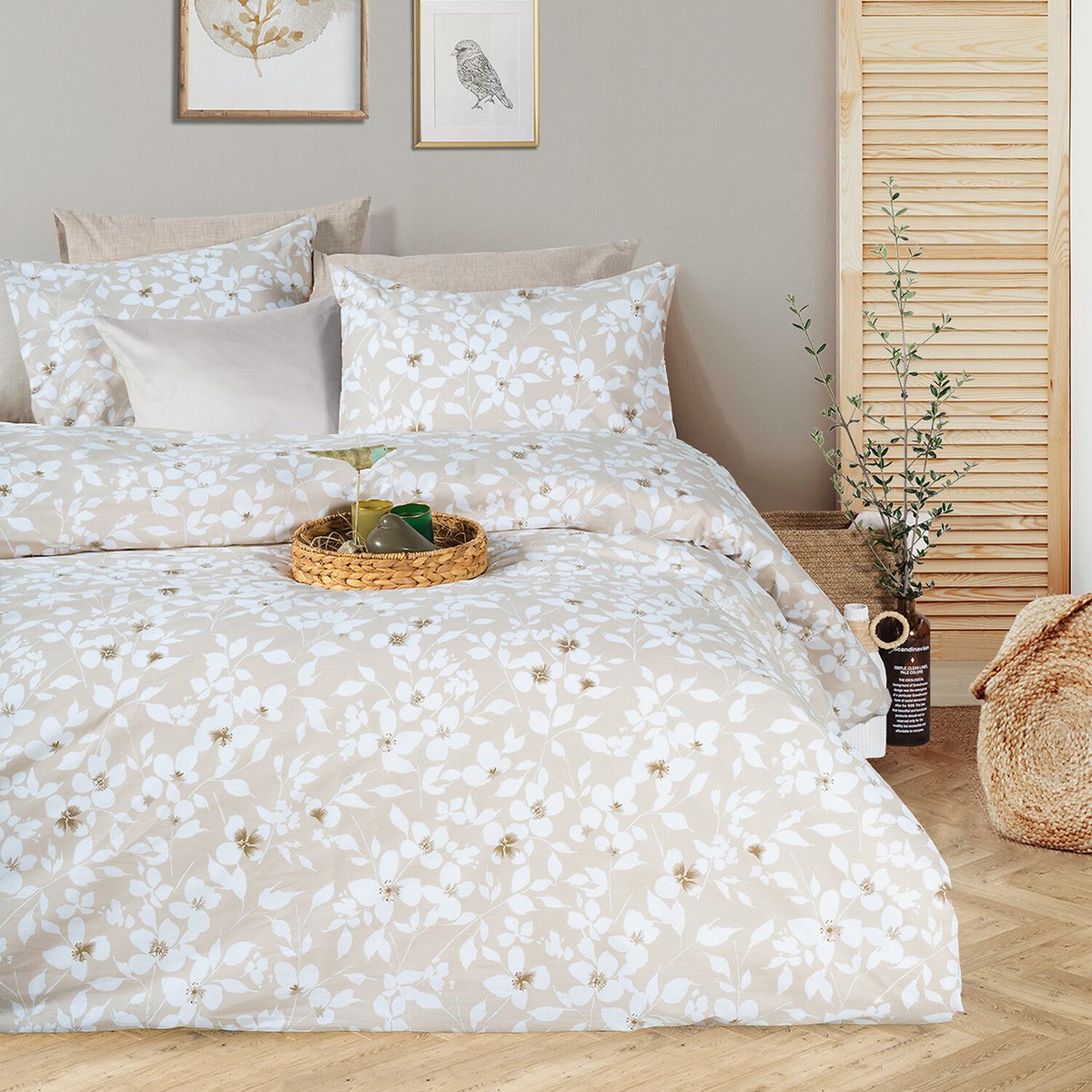 Paure de couette et tai(e) coton imprimé, flower beige beige, C DESIGN HOME TEXTILE