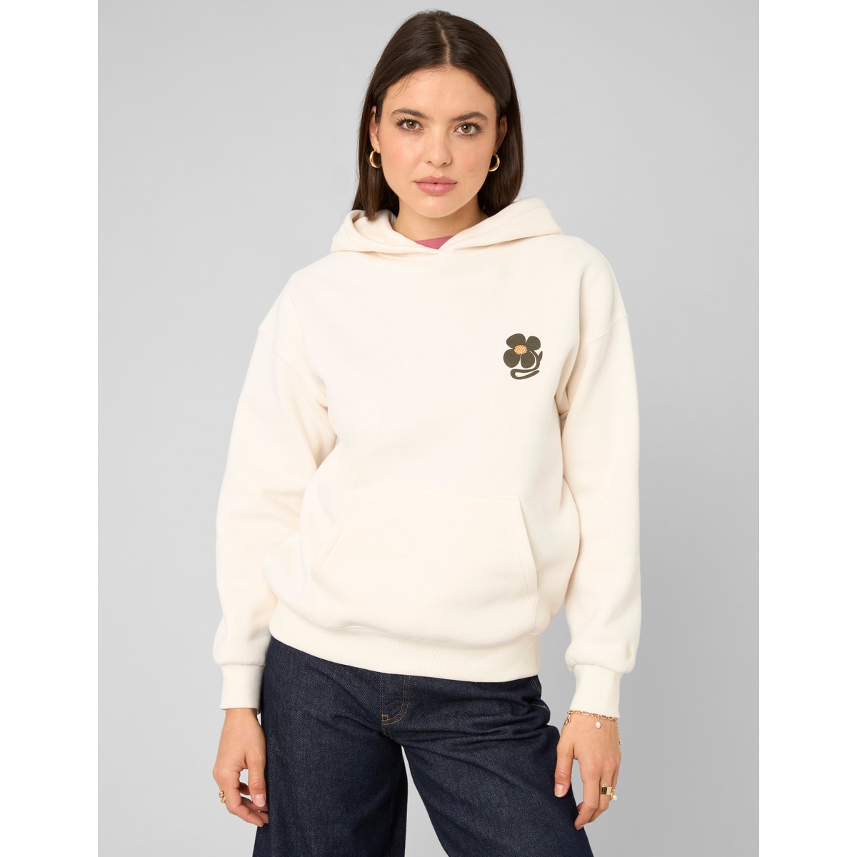 Sweat à capuche imprimé devant / dos ecru, BZB