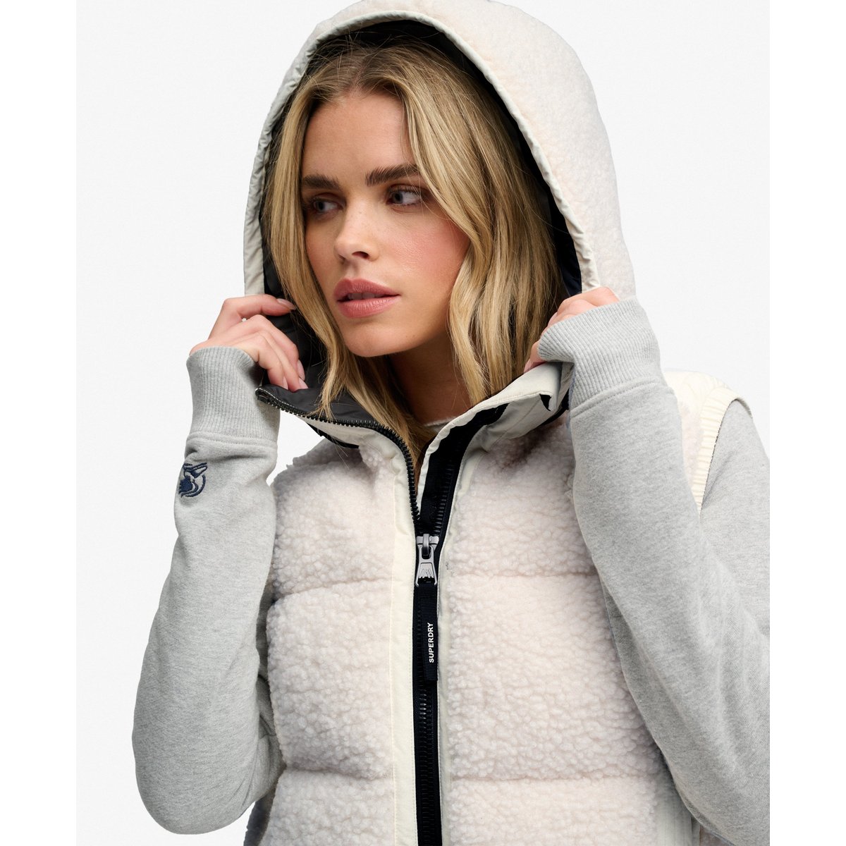 Gilet Matelassé à Capuche Borg blanc craie, SUPERDRY