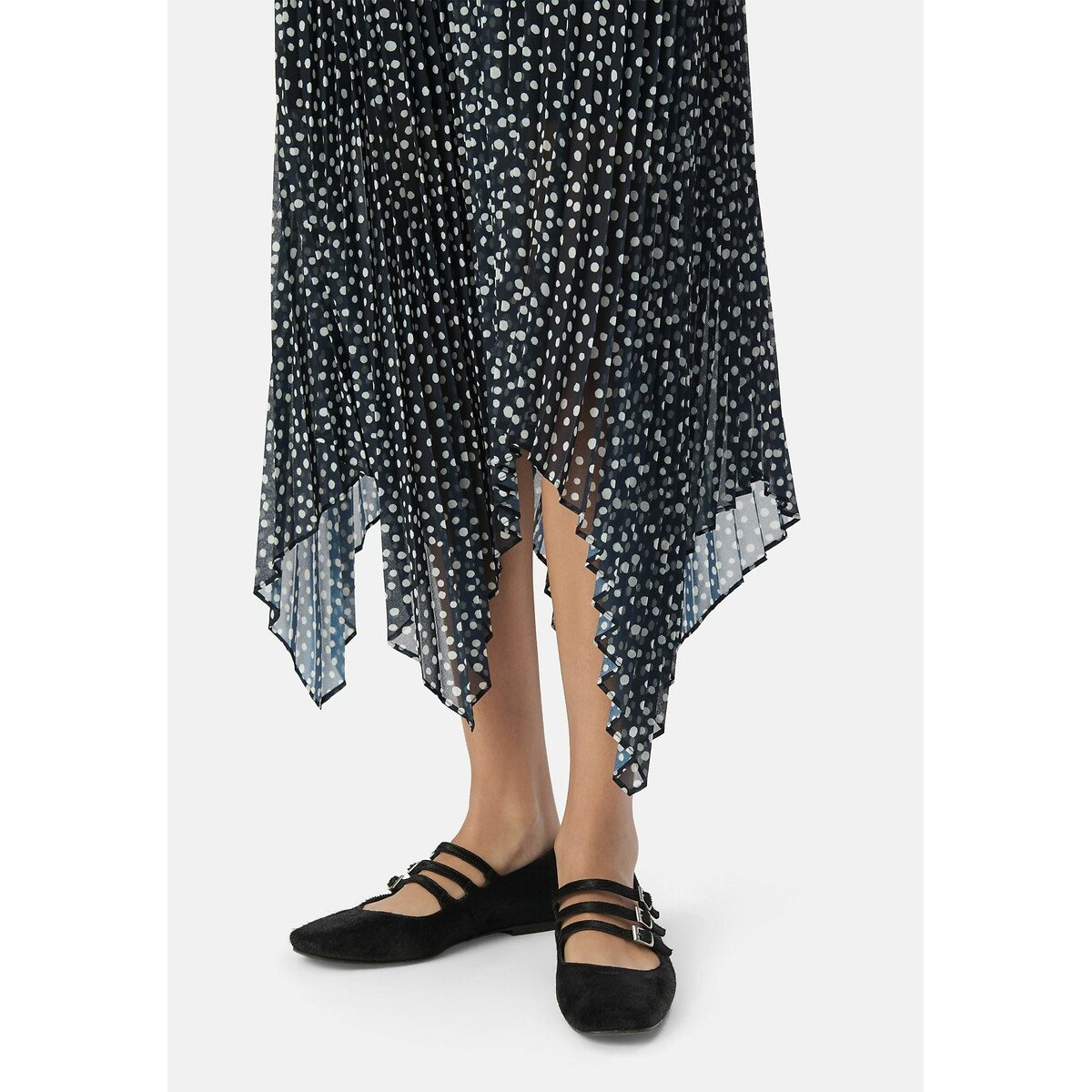 Polka Dot Pleated Midi Skirt with Elasticated Waistband navy, IKKS