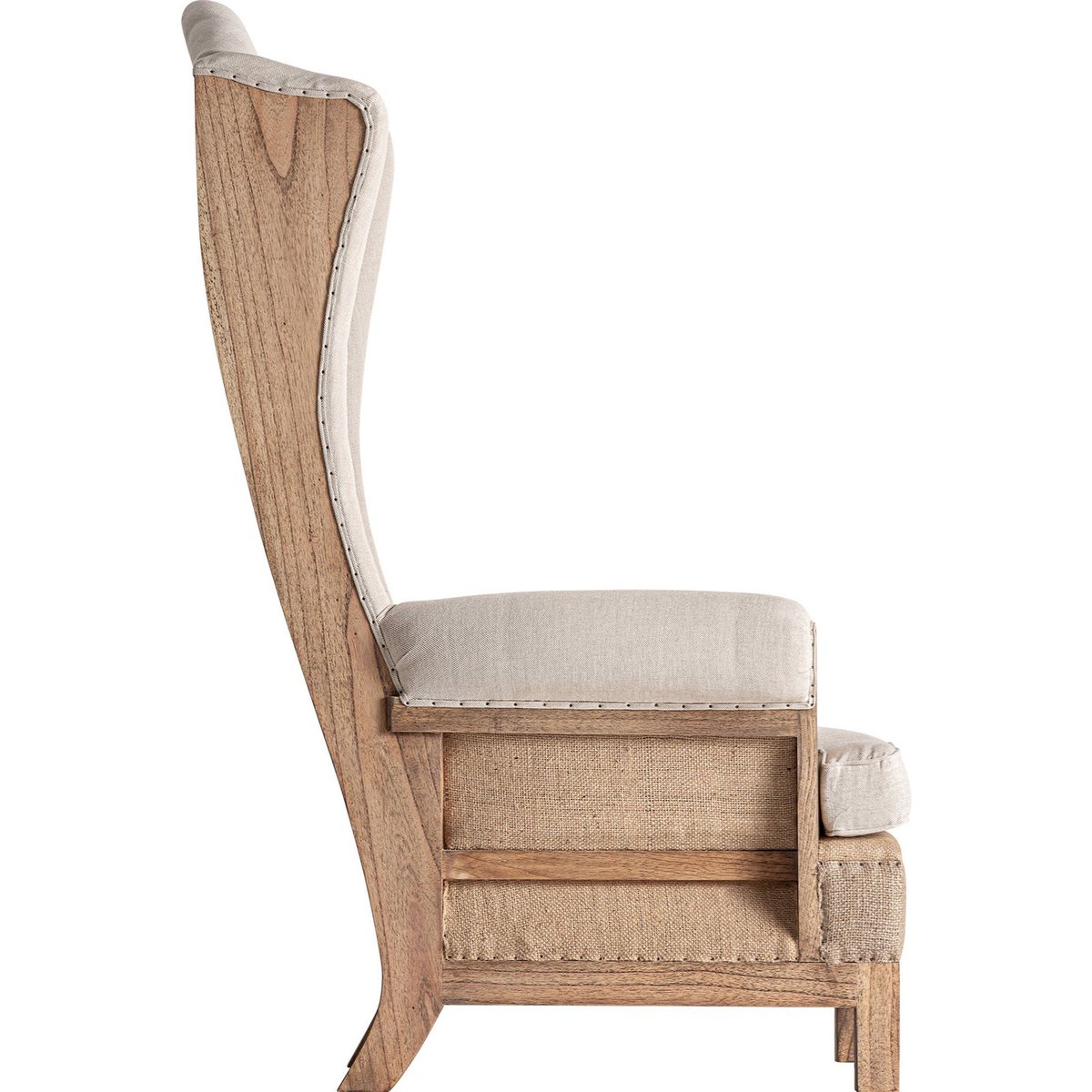 Fauteuil classique haut dossier bois et lin lin crème et bois marron, RECOLLECTION