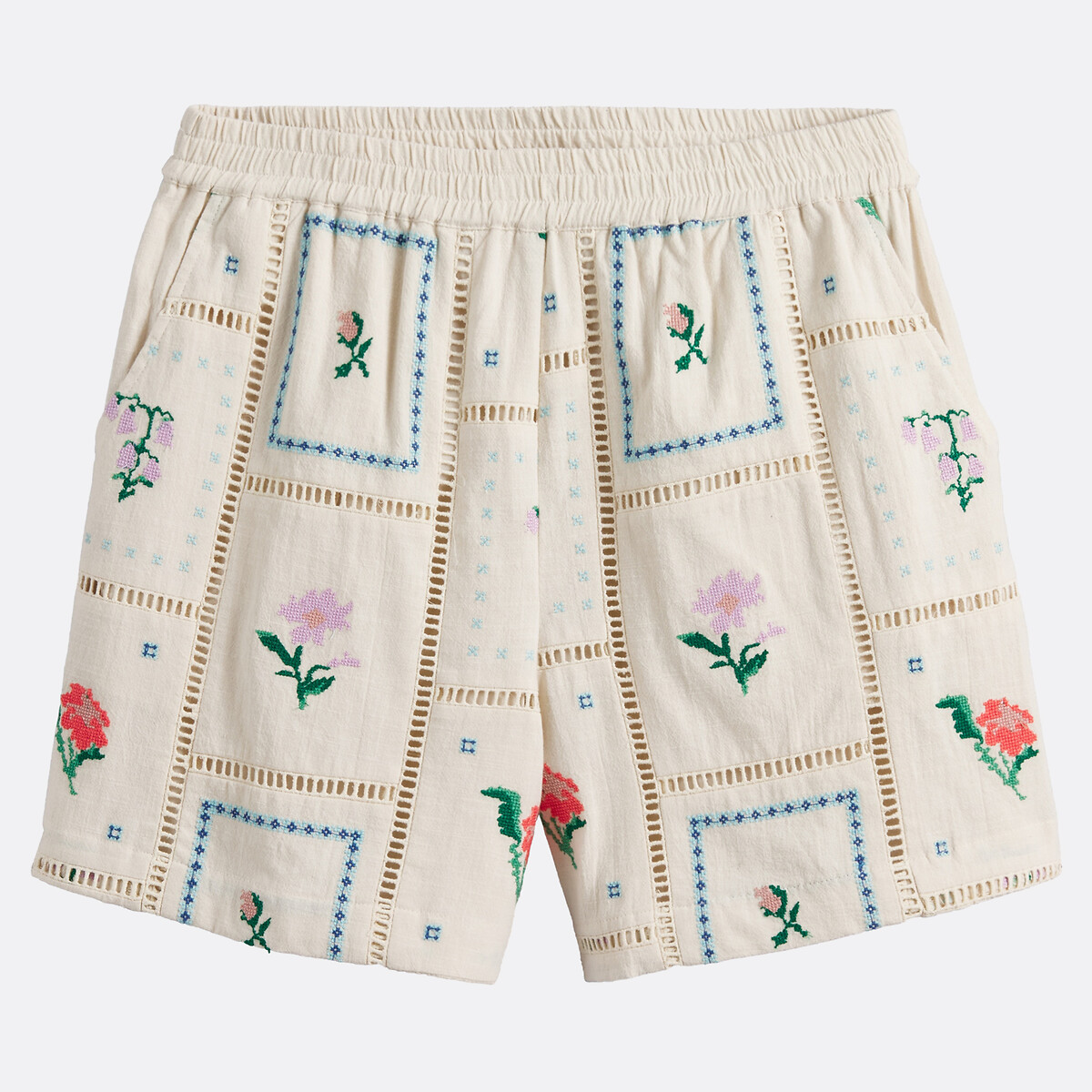 Short brodé floral à taille élastiquée beige naturel, LA REDOUTE COLLECTIONS